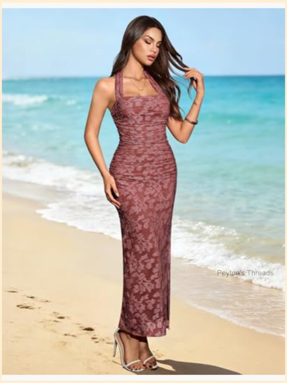 Women's Floral Halter Bodycon Backless Maxi Ruched Cocktail Party Dress - Picture 3 of 7